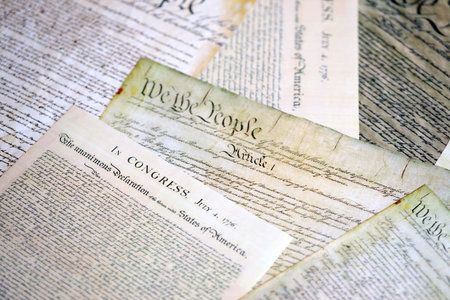 Closeup of a replica of U.S. document of American constitution We the people. Preamble to the Constitution of the United Statesの写真素材