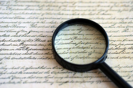 Magnifying glass and United States Constitution. American USA Constitution paper page and loupe close upの写真素材