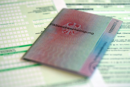 German temporary Permanent resident card specimen lies on german tax form close up. Fiktionsbescheinigung and einkommensteuererklarungの写真素材