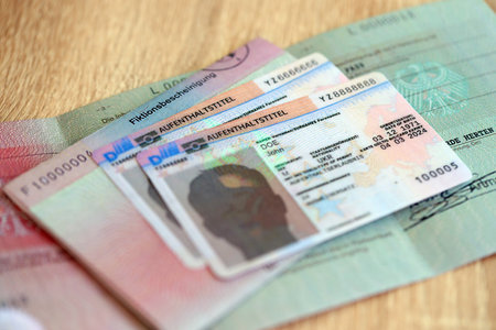 German Permanent resident card and document specimen lies on wooden table close up. Aufenthaltstitel and Fiktionsbescheinigungの写真素材