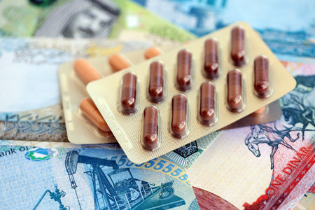 Bahraini dinar currency money bills and medicine pills close up. The concept of medicine and pharmacyの写真素材