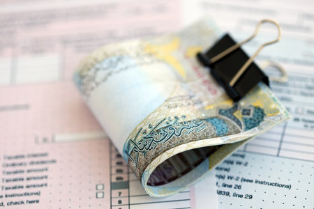 Bahraini dinar money bills on tax form close up. Taxation and accounting concept