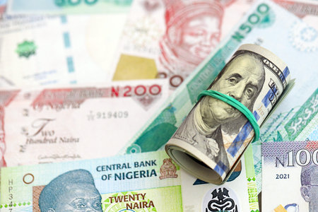 Nigerian naira currency money bills and bunch of us dollar banknotes close up. The concept of economics and currency exchangeの写真素材