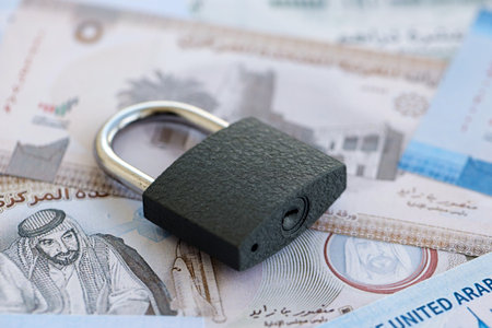 United Arab Emirates dirham currency money bills and padlock close up. The concept of sanctions and...