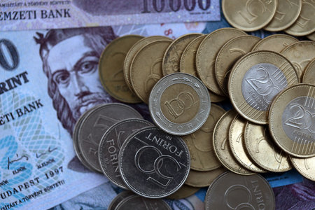 Large amount of Hungarian Forint currency money bills and coins. HUF currency banknotes and coins close upの写真素材