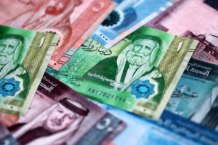 Jordanian Dinar currency money bills. JOD currency banknotes in bunch with different denomination close upの写真素材