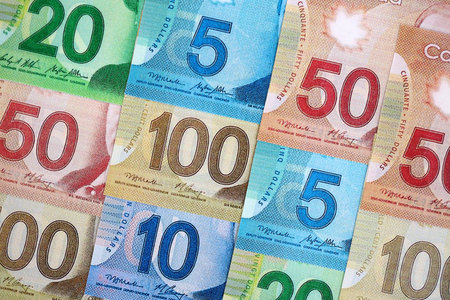 Canadian Dollar currency money bills. CAD currency banknotes in big bunch with different...