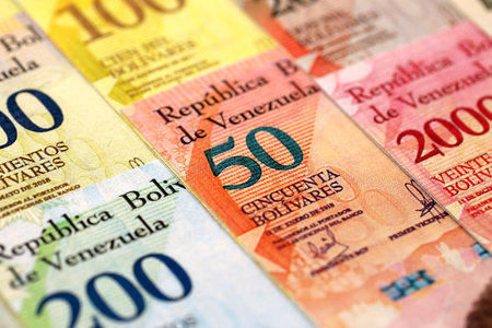 Venezuelan Bolivar currency money bills in stack. VED currency banknotes with different denomination close upの写真素材