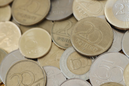 Many Hungarian forint coins in big pile close up. Forint is an official Hungarian currency instead euroの写真素材