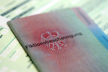German temporary Permanent resident card specimen lies on german tax form close up....