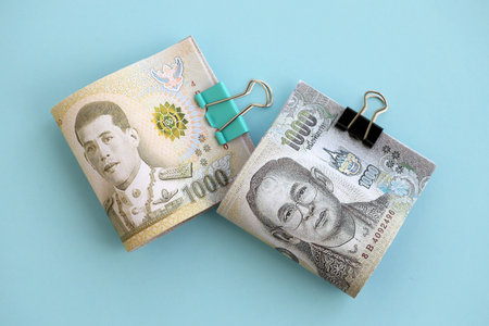 Thai baht money bills in big amount on blue close up. Finance and banking conceptの写真素材