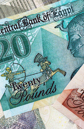 Egyptian pound currency money bills. The current banknotes lies on table in big amount close up