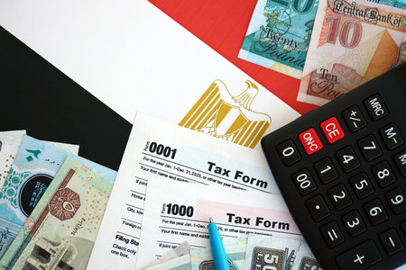 Egyptian pound money bills and calculator with tax form on flag close up. Taxation and accounting conceptの写真素材