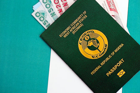 Nigerian naira currency money bills and passport lies on flag close up. The concept of travel and vacationの写真素材