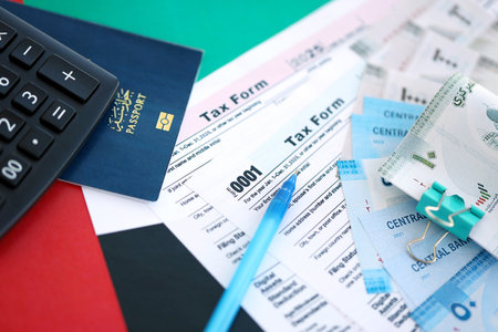 United Arab Emirates dirham money bills and calculator with tax form on flag close up. Taxation and accounting conceptの写真素材