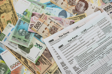 Big amount of money bills of different currencies and countries and tax report blank form ready to fill. Assortment background of international cash in big pile close upの写真素材