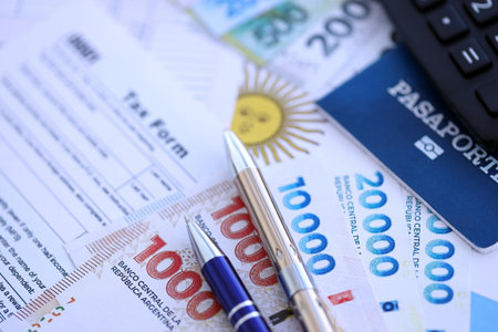 Argentine pesos money bills in big amount lies on table with pen, calculator, passport and tax forms close up. Finance and banking conceptの写真素材