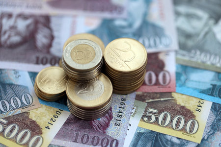 Stack of Hungarian Forint currency money bills and coins. HUF currency banknotes and coins close up