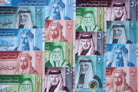 Jordanian Dinar currency money bills. JOD currency banknotes in stack with different denomination...