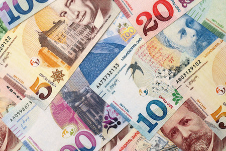 Georgian Lari currency money bills in stack. GEL currency banknotes with different denomination close upの写真素材
