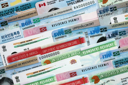 Permanent resident or residence permit cards of different countries in very big amount. Specimen cards close upの写真素材