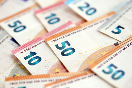 European Union Euro currency money bills. EUR currency banknotes in arrange with different...