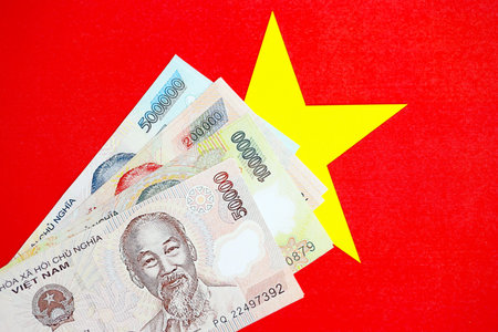 Vietnamese dong currency money bills lies on flag close up. The concept of business and investment