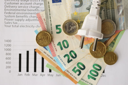European union Euro money bills and coins with european electricity utility bill on table close upの写真素材