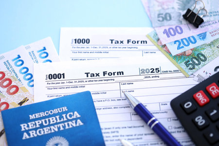 Argentine pesos money bills in big amount lies on table with pen, calculator, passport and tax forms close up. Finance and banking conceptの写真素材