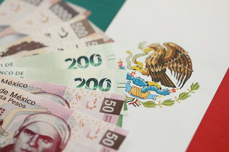 Mexican pesos money bills in big amount lies on Mexico flag close up. Finance and banking conceptの写真素材