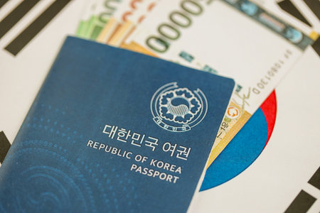South Korean won money bills in big amount and passport lies on South Korea flag close up. Finance and banking conceptの写真素材