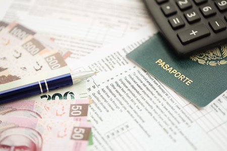 Mexican pesos money bills in big amount lies on table with pen, calculator, passport and tax forms...
