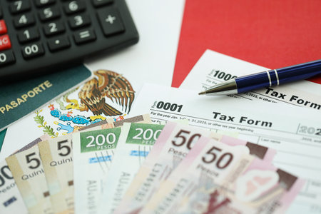 Mexican pesos money bills in big amount lies on table with pen, calculator, passport and tax forms...