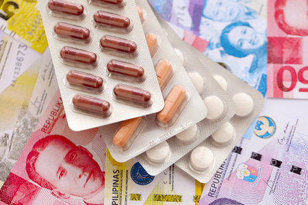 Philippines peso currency money bills and medicine pills close up. The concept of medicine and...