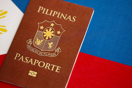 Philippines passport on flag close up. The concept of citizenshipの写真素材