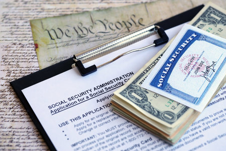 United States social security number cards and dollar bills lies on Application from social security administration on US Constitution page close upの写真素材