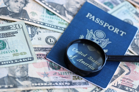 US passport and magnifying glass on the background of many dollar bills close upの写真素材