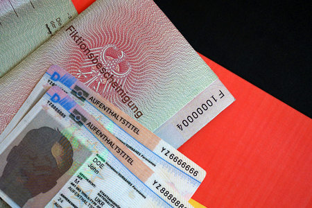 German Permanent resident card and temporary document lies on Germany flag close up. Aufenthaltstitel and Fiktionsbescheinigungの写真素材