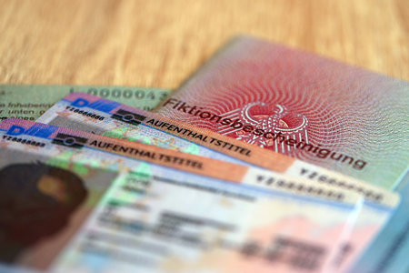 German Permanent resident card and document specimen lies on wooden table close up. Aufenthaltstitel and Fiktionsbescheinigungの写真素材