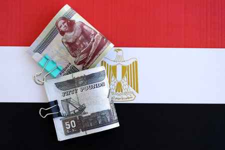 Egyptian pound currency money bills lies on flag close up. The concept of business and investmentの写真素材
