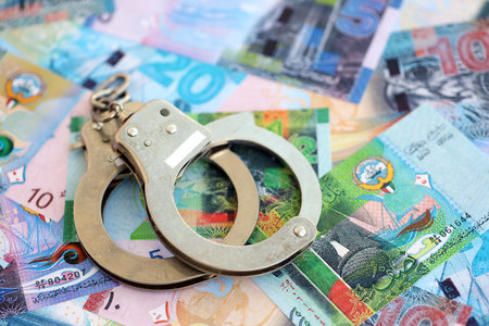 Kuwaiti dinar currency money bills and handcuffs close up.