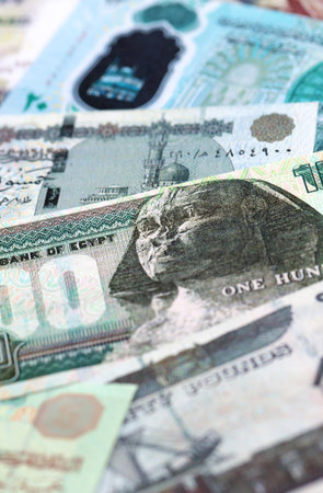 Egyptian pound currency money bills. The current banknotes lies on table in big amount close up