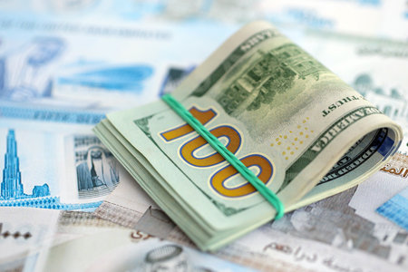 United Arab Emirates dirham currency money bills and bunch of us dollar banknotes close up. The concept of economics and currency exchangeの写真素材