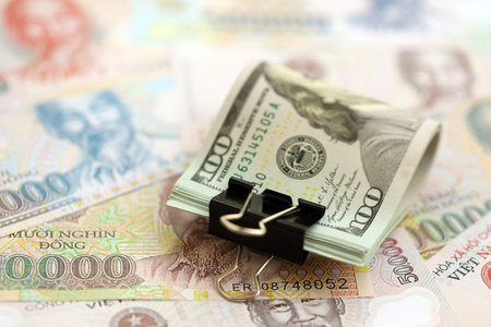 Vietnamese dong currency money bills and bunch of us dollar banknotes close up. The concept of economics and currency exchangeの写真素材