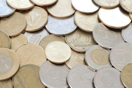 Many forint coins in big pile close up. Forint is an official Hungarian currency instead euroの写真素材