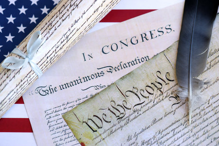 United States Bill of Rights Preamble to the Constitution and American Flag close upの写真素材