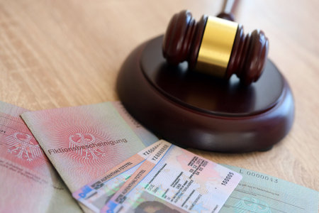 German temporary Permanent resident card lies with judge hammer close up. Fiktionsbescheinigung and Aufenthaltstitelの写真素材