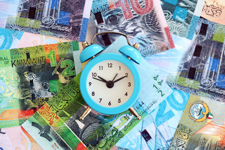 Kuwaiti dinar currency money bills and alarm clock close up. The concept of time management and...