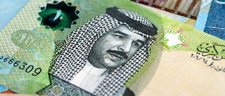 Bahraini dinar currency money bills. The current banknotes lies on table in big amount close up