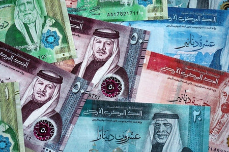 Jordanian Dinar currency money bills. JOD currency banknotes in bunch with different denomination close upの写真素材